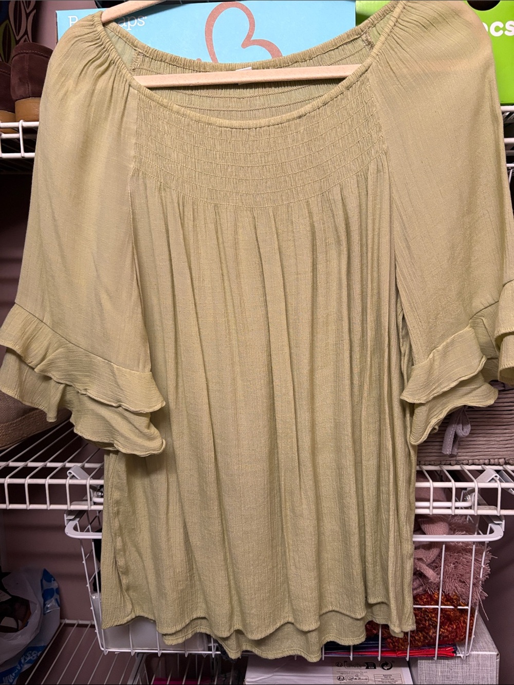 Cato Light Olive Green Peasant Top with Ruffle Sleeves